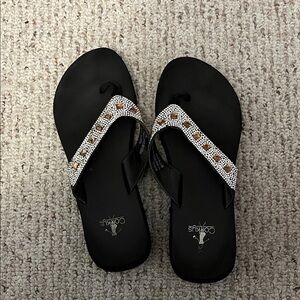 Corkeys Black Rhinestone Thong Sandals with Amber Accents size 10